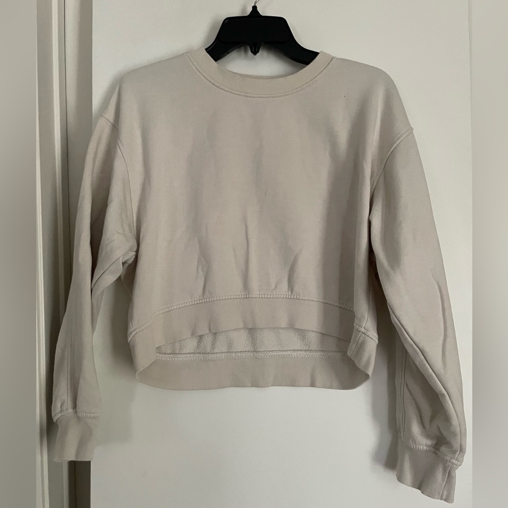 ZARA Cotton Cropped Crew Neck Long Sleeve Sweatshirt Ivory Pre Owned